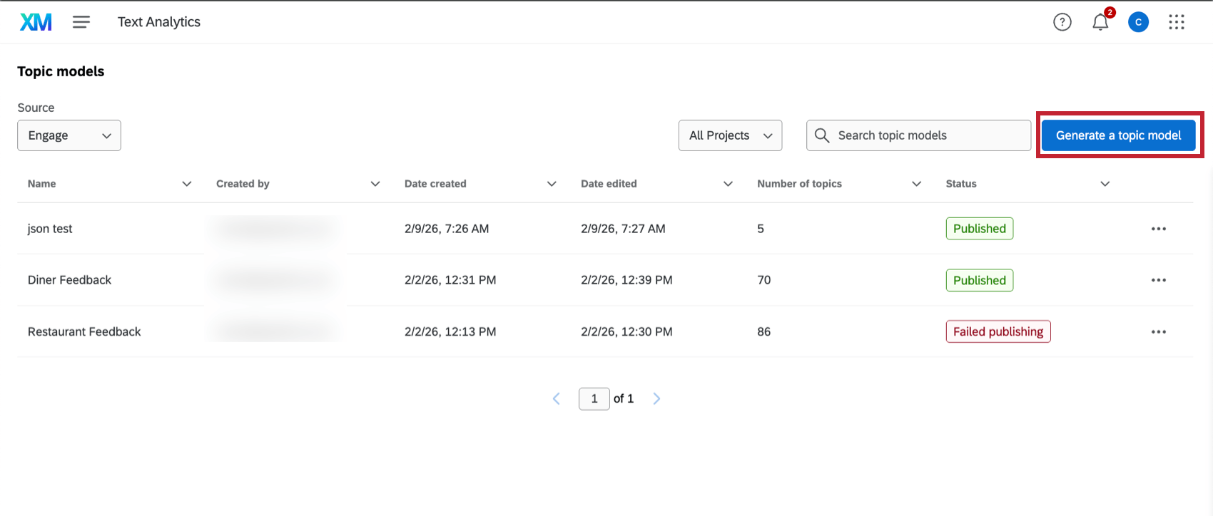 the "generate a topic model" button on the Text Analytics page