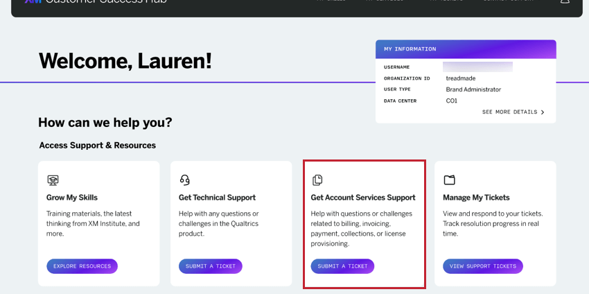 selecting "get account services support" after logging into the hub