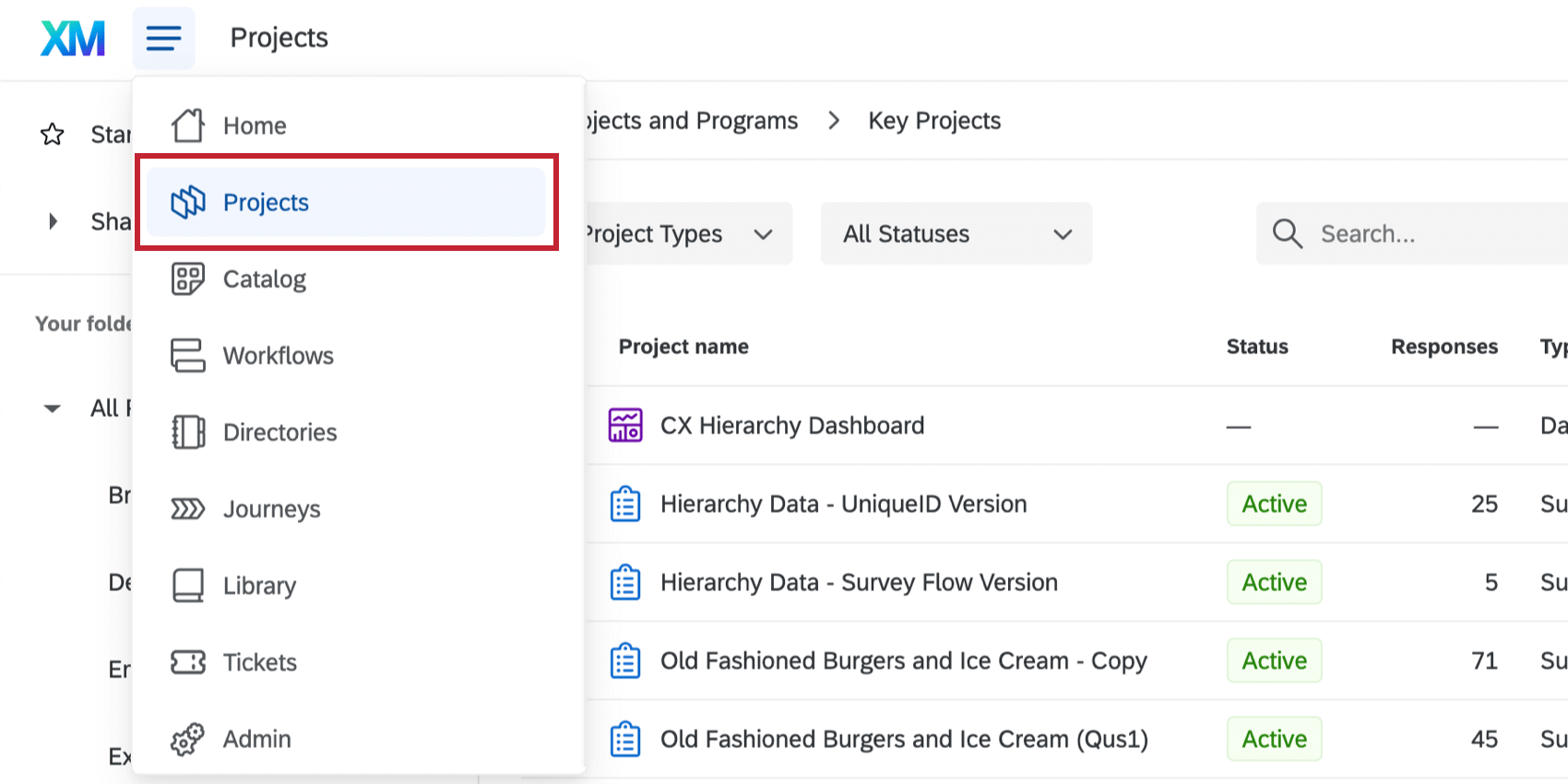 Projects page in global navigation hamburger menu