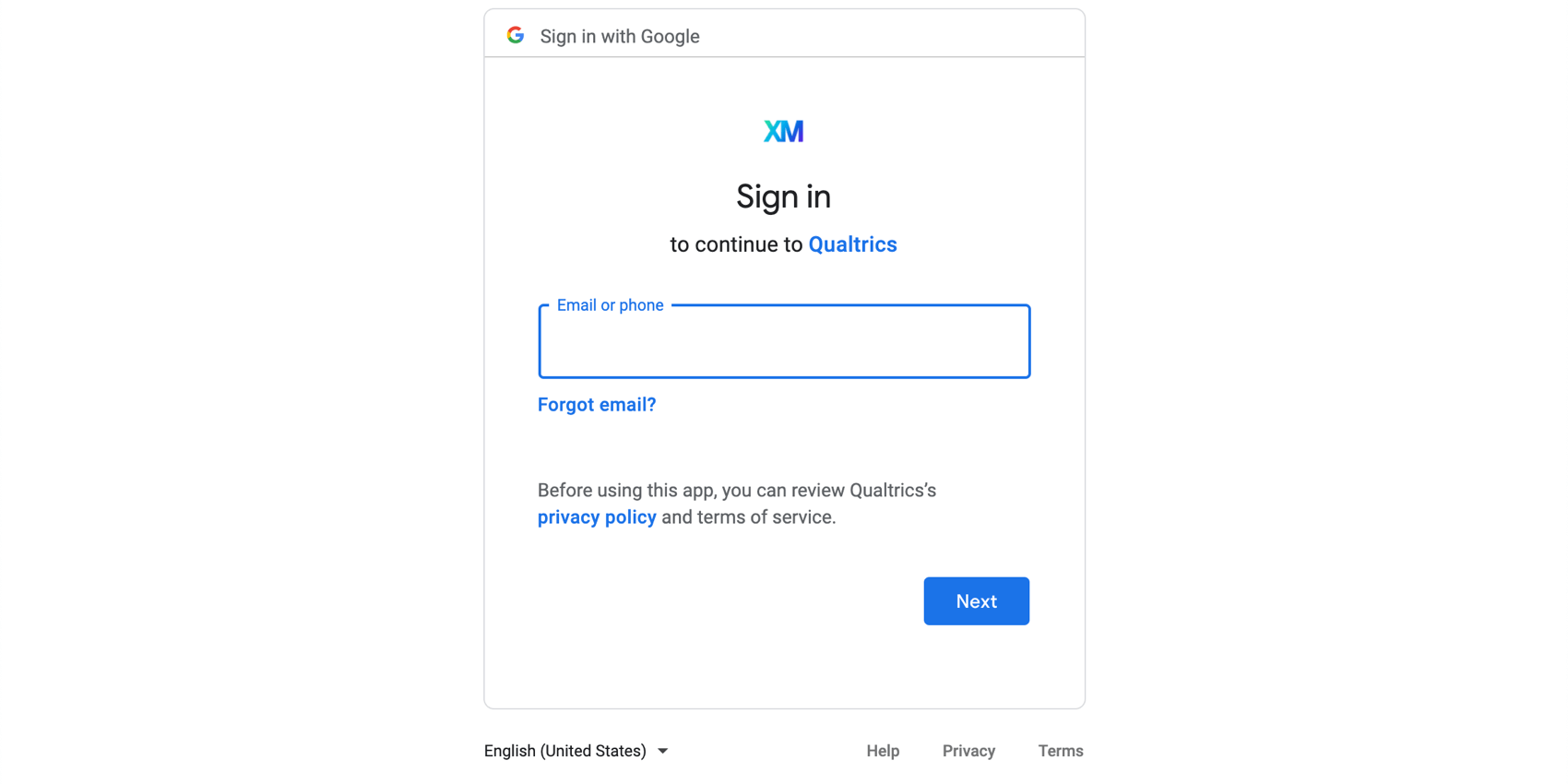 Screenshot of the google login screen, but with the Qualtrics xm logo on top