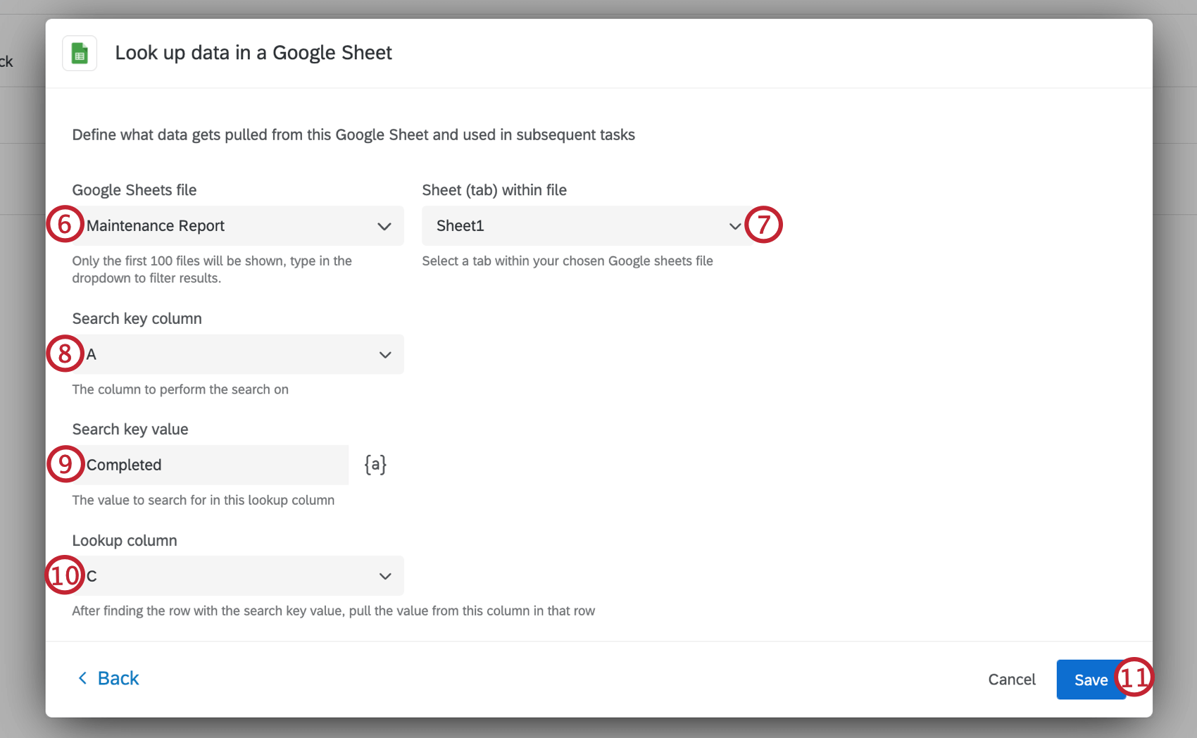 selecting data to use from the google sheet you selected