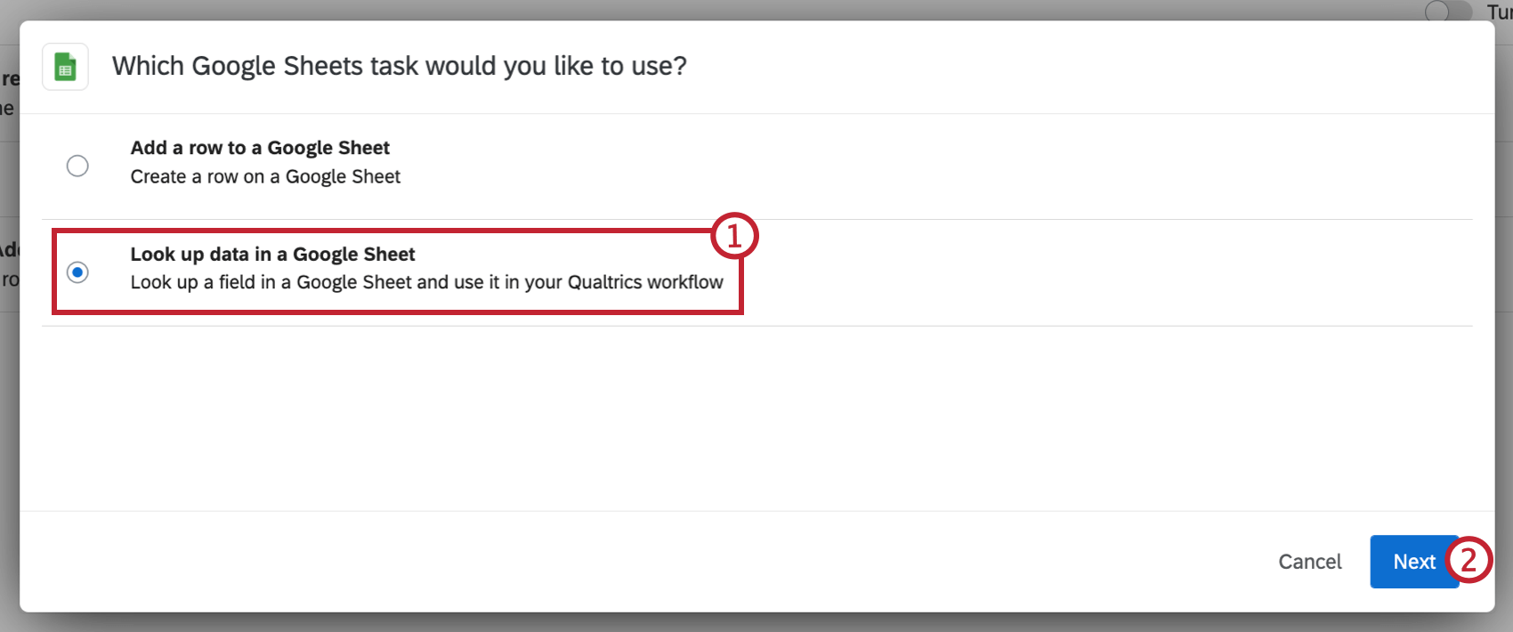 "look up data in a google sheet" option when setting up a google sheets task