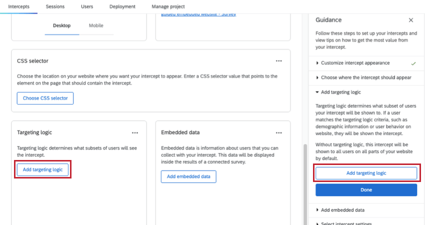 button for targeting logic highlighted on the genral intercept page and on the guidance sidebar to the right