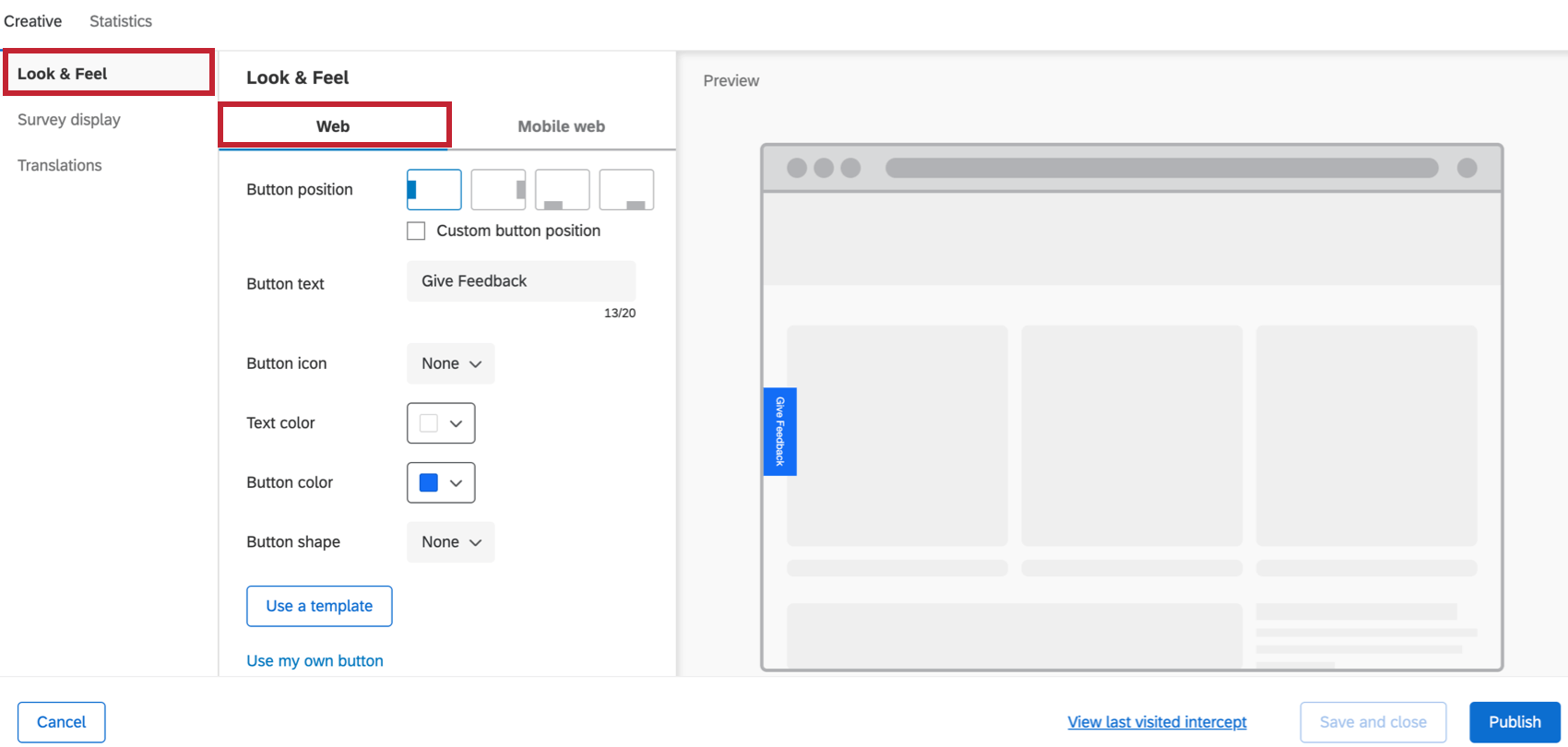 Look & Feel section of the Web feedback button