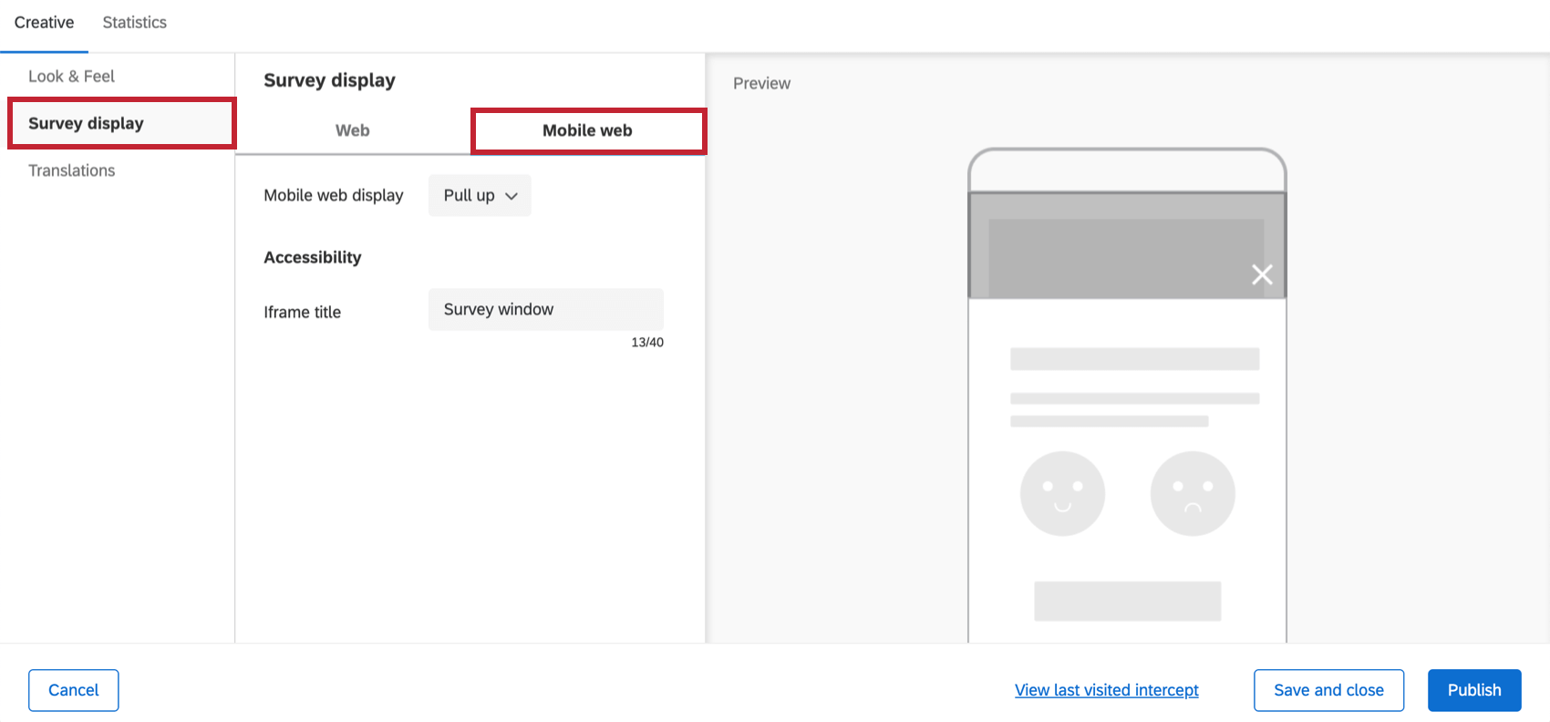 Survey display for mobile web feedback button