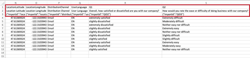 Three headers highlighted in a data file