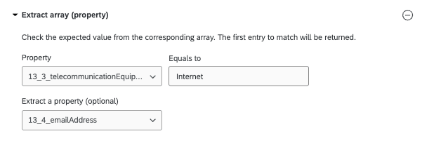 extract array property - property 13 underscore 3 underscore telecommunications equipment equal to Internet extract a property 13 underscore 4 underscore email address
