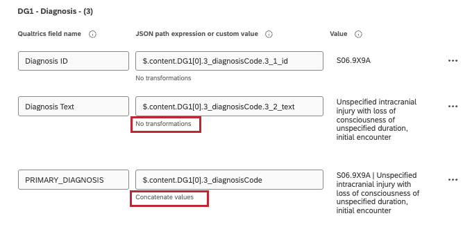 diagnosis text says it has no transformations. primary diagnosis says concatenate values