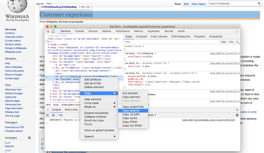 Wikipedia pag right-clicked, with console appearing as described