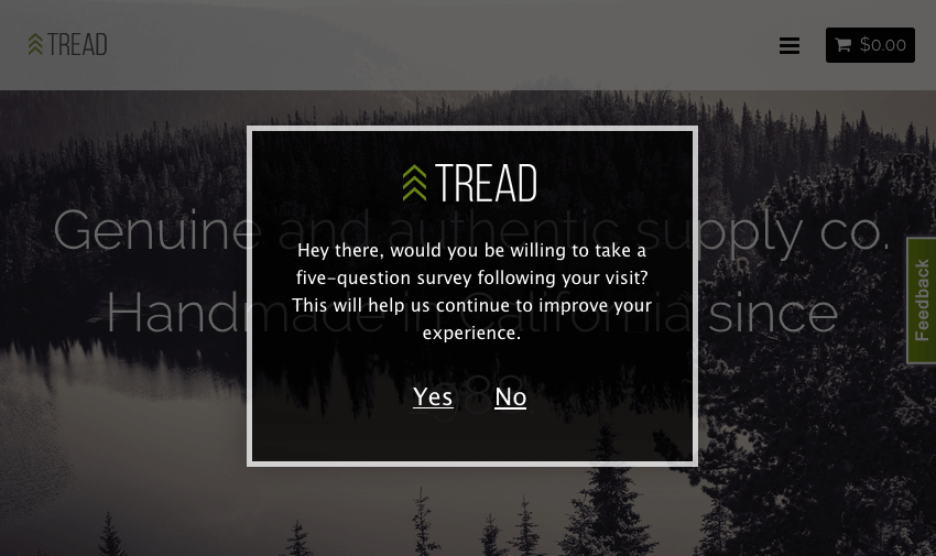 A black graphic appears over a shadowy website. At the top is a logo that reads Tread. Inside is a message asking for feedback, and yes and no links