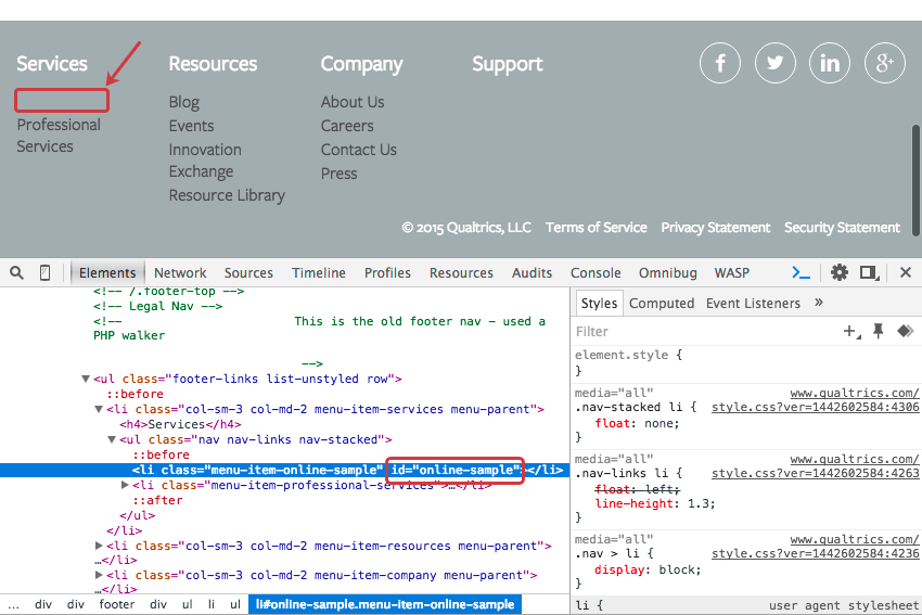 A website menu. A black space in the menu where a new link will fit is indicated. In the Inspect Element, we search for the ID