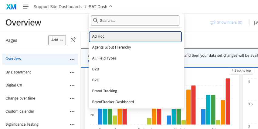 Image of the dropdown of dashboards at the top of every dashboard