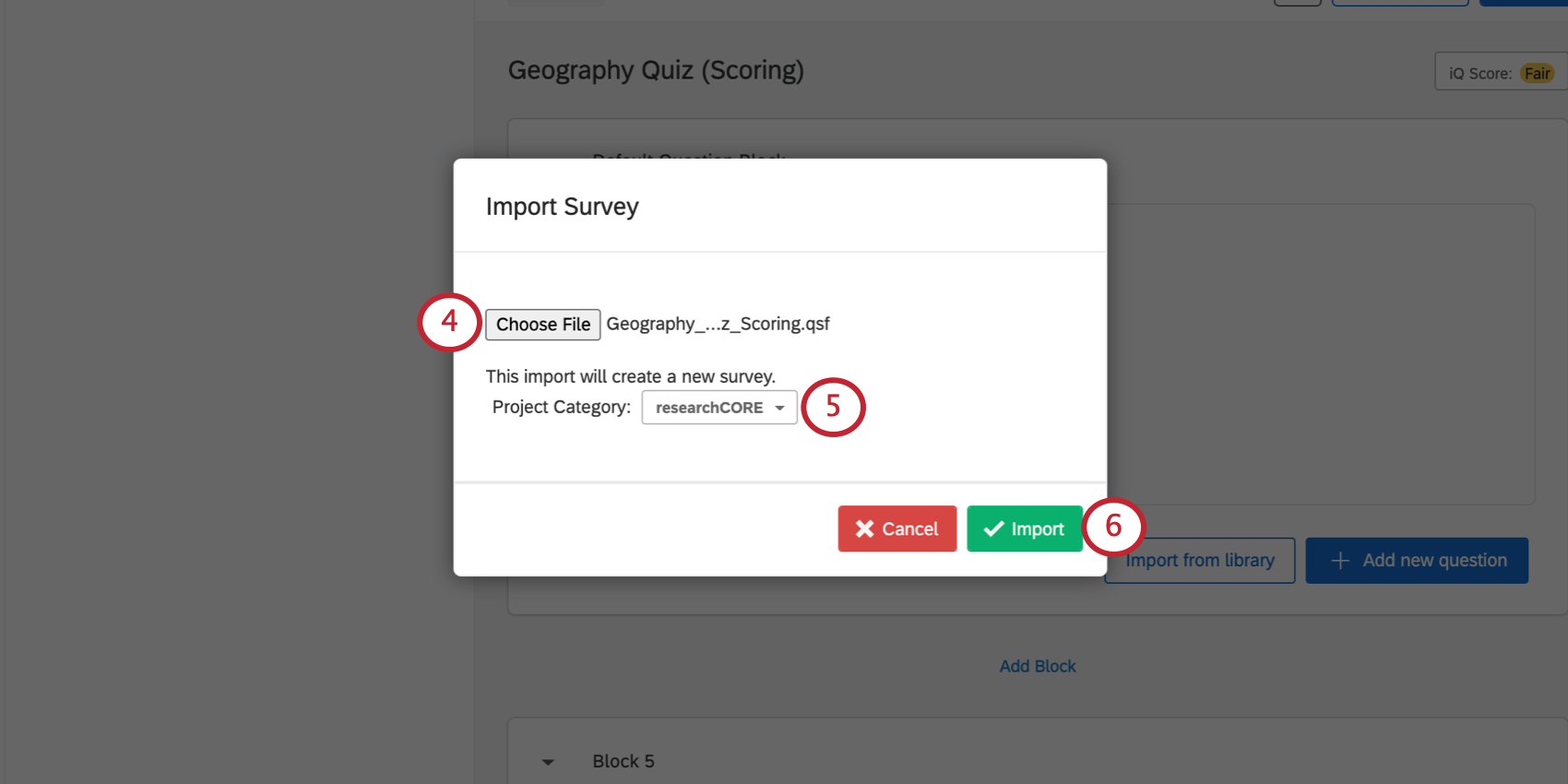 Import Survey window