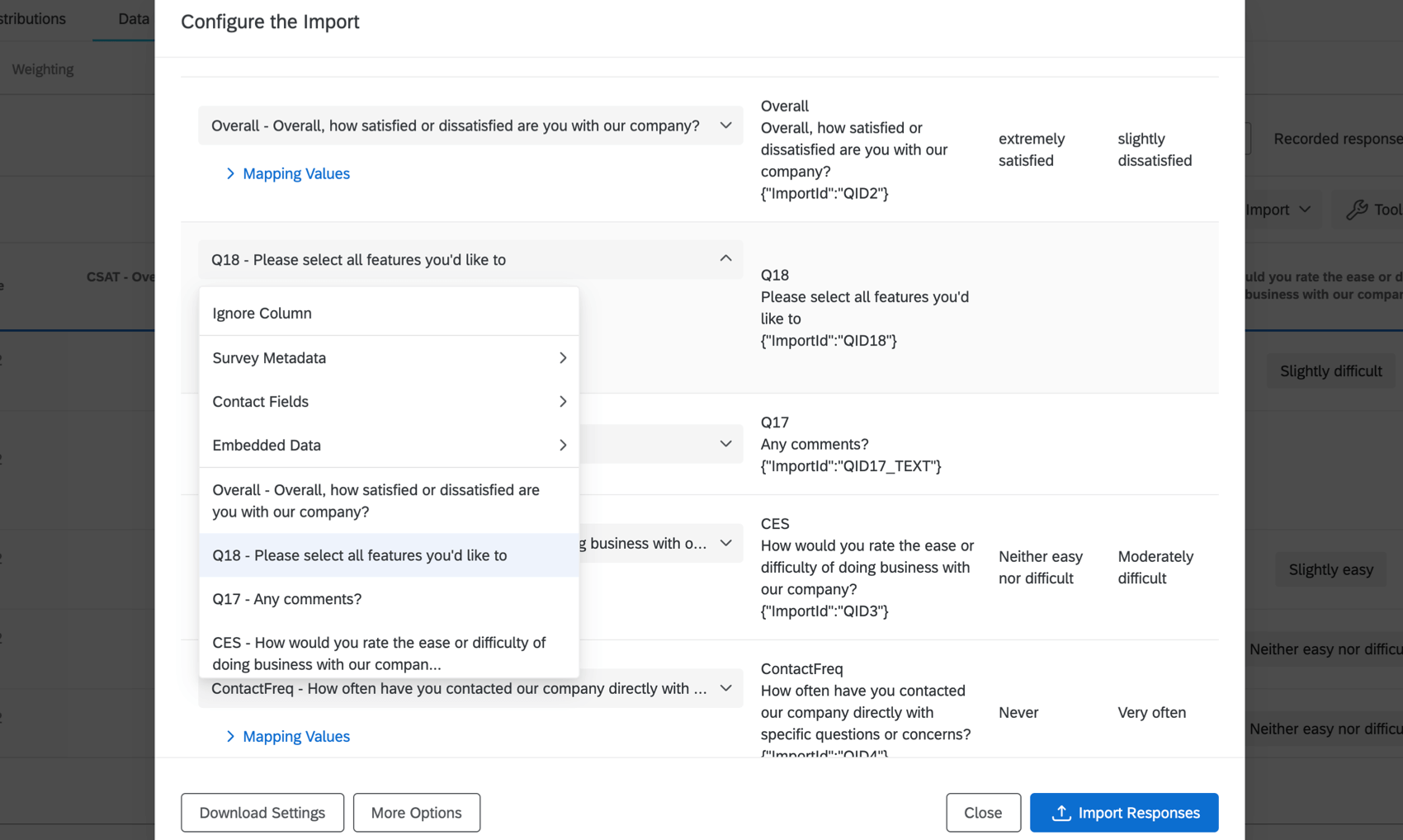 List of questions and embedded fields in the Configure the Import menu