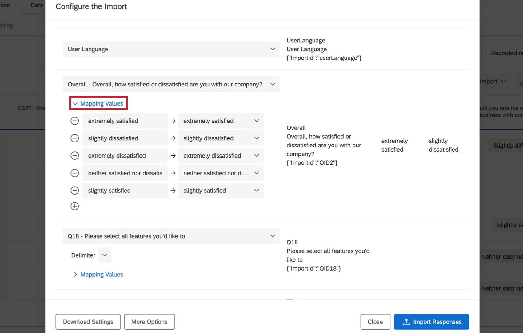 Mapping Values option with choices displayed within Configure the Import menu