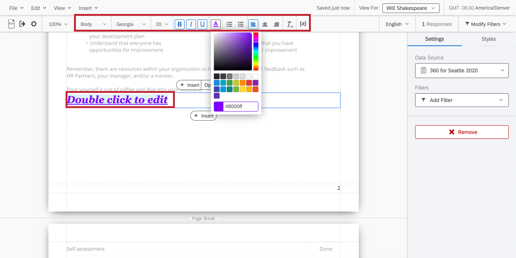 Double-clicking the text area reveals a rich content editor along the top
