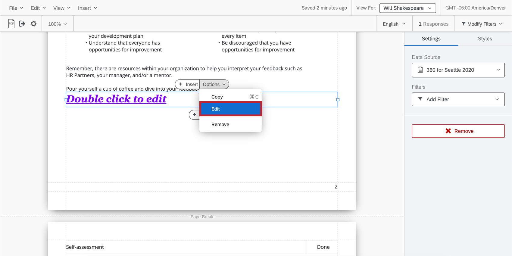 a text box in a report. the options menu is expanded to click edit in the menu