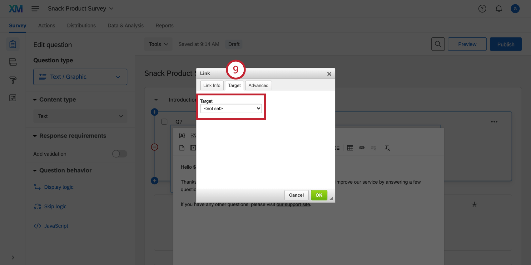 Target tab in the hyperlink editor