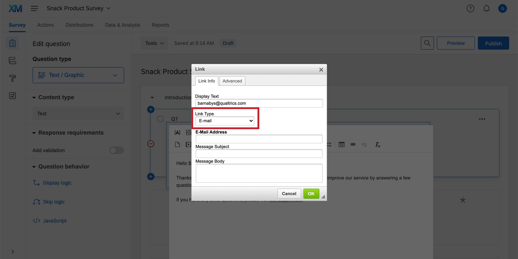Changing the link type to Email Address