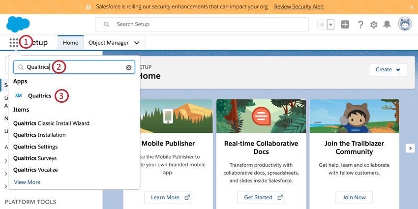 searching for qualtrics in the app launcher