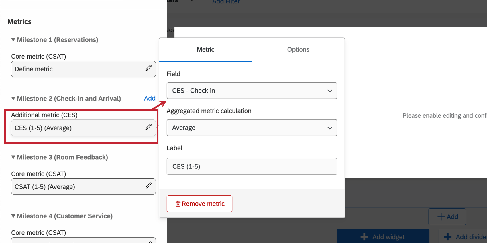 journey map widget editing pane, under metrics, has a list of milestones, with options to add a metric for each milestone