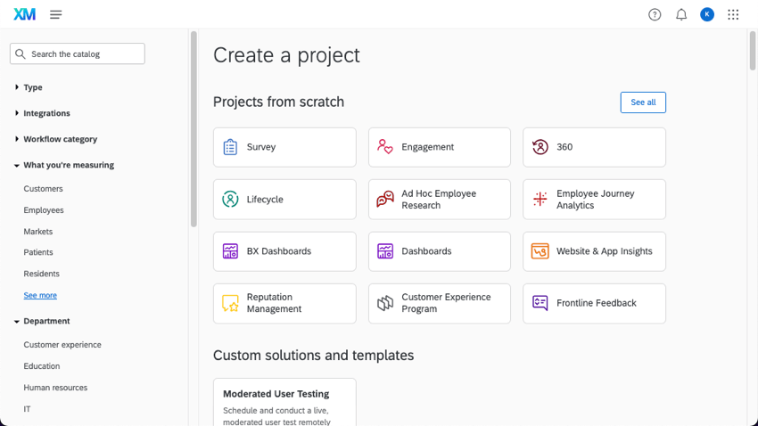 The Qualtrics Catalog, showing an array of projects to pick from