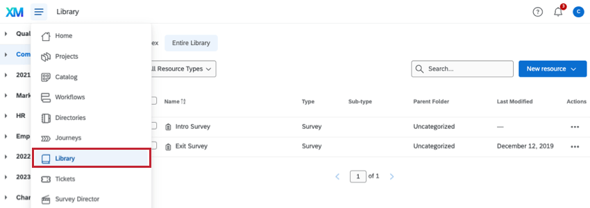 Choosing library from the top-level navigation in the top-left of every page of the website