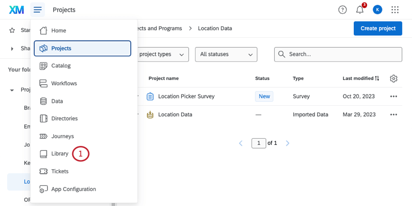 Clicking global navigation hamburger menu at the top of every Qualtrics page, then selecting Library