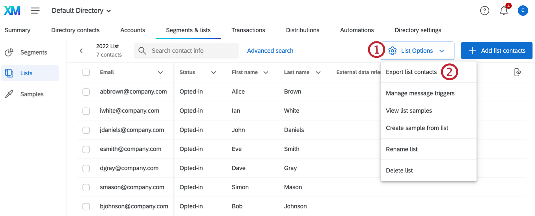 List Options expanded and Export List Contacts selected