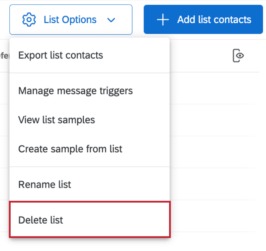 Delete List option under List Options