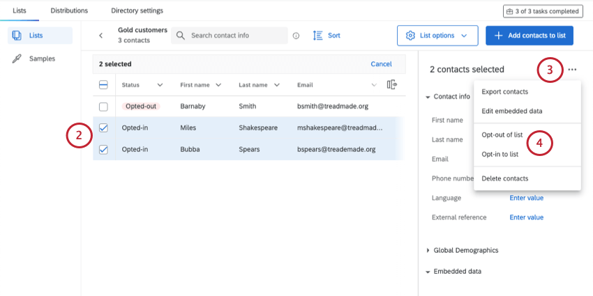 selecting multiple contacts in the list