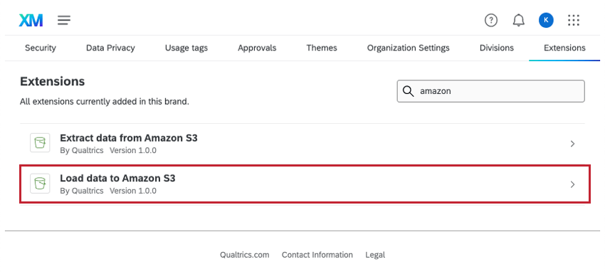 Image of extensions page, with load data to amazon s3 highlighted