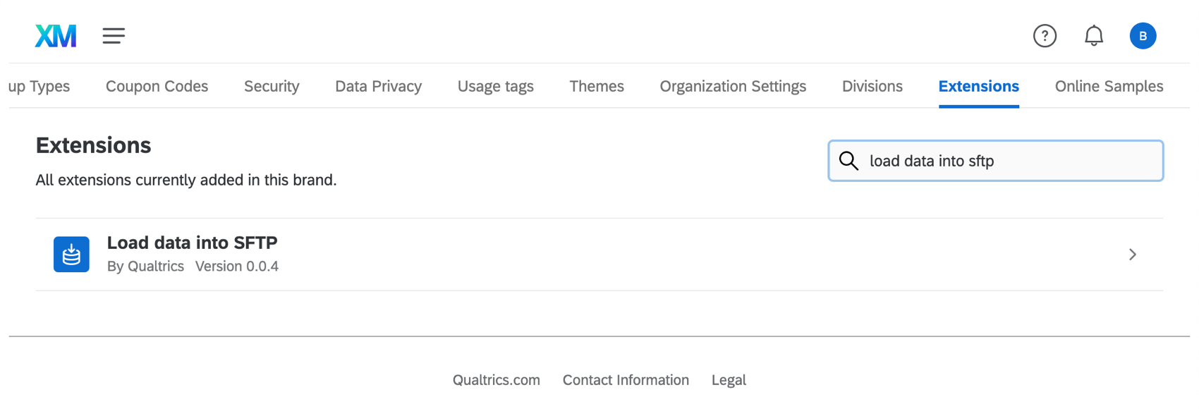 Image of extensions tab of admin page, with load data into sftp searched up
