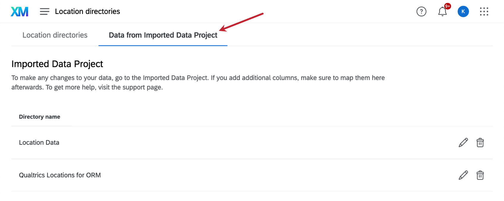 inside the location directory, with the imported data project tab open