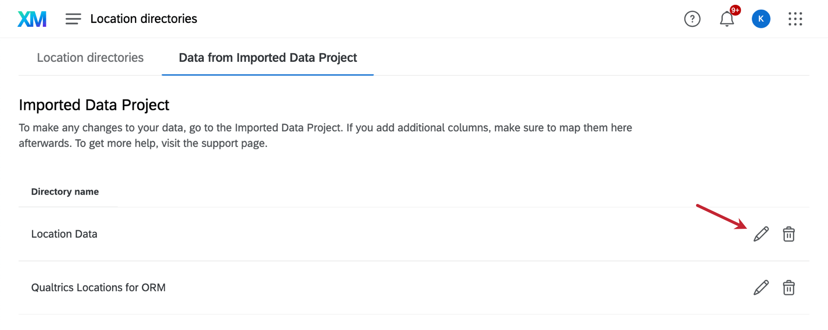 pencil icon next to an imported data project directory