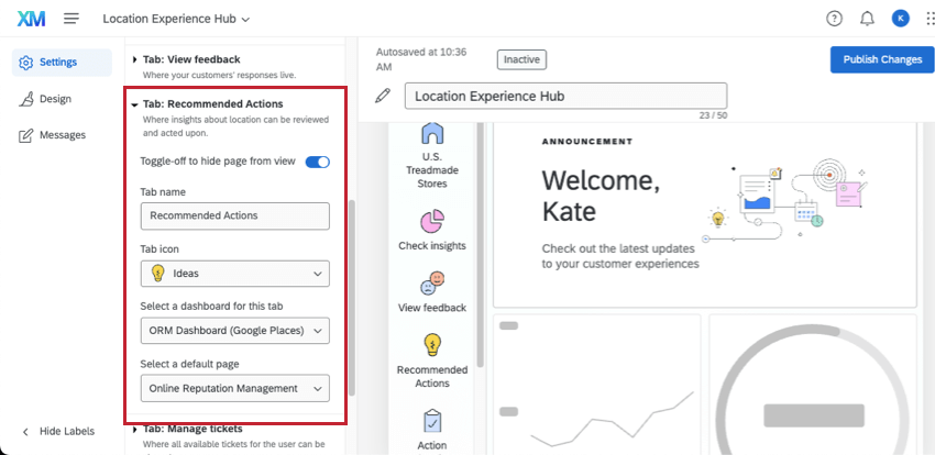 selecting a dashboard to view in the recommended actions tab