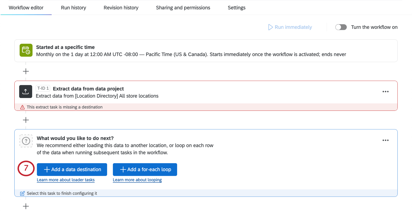 Add a data destination button