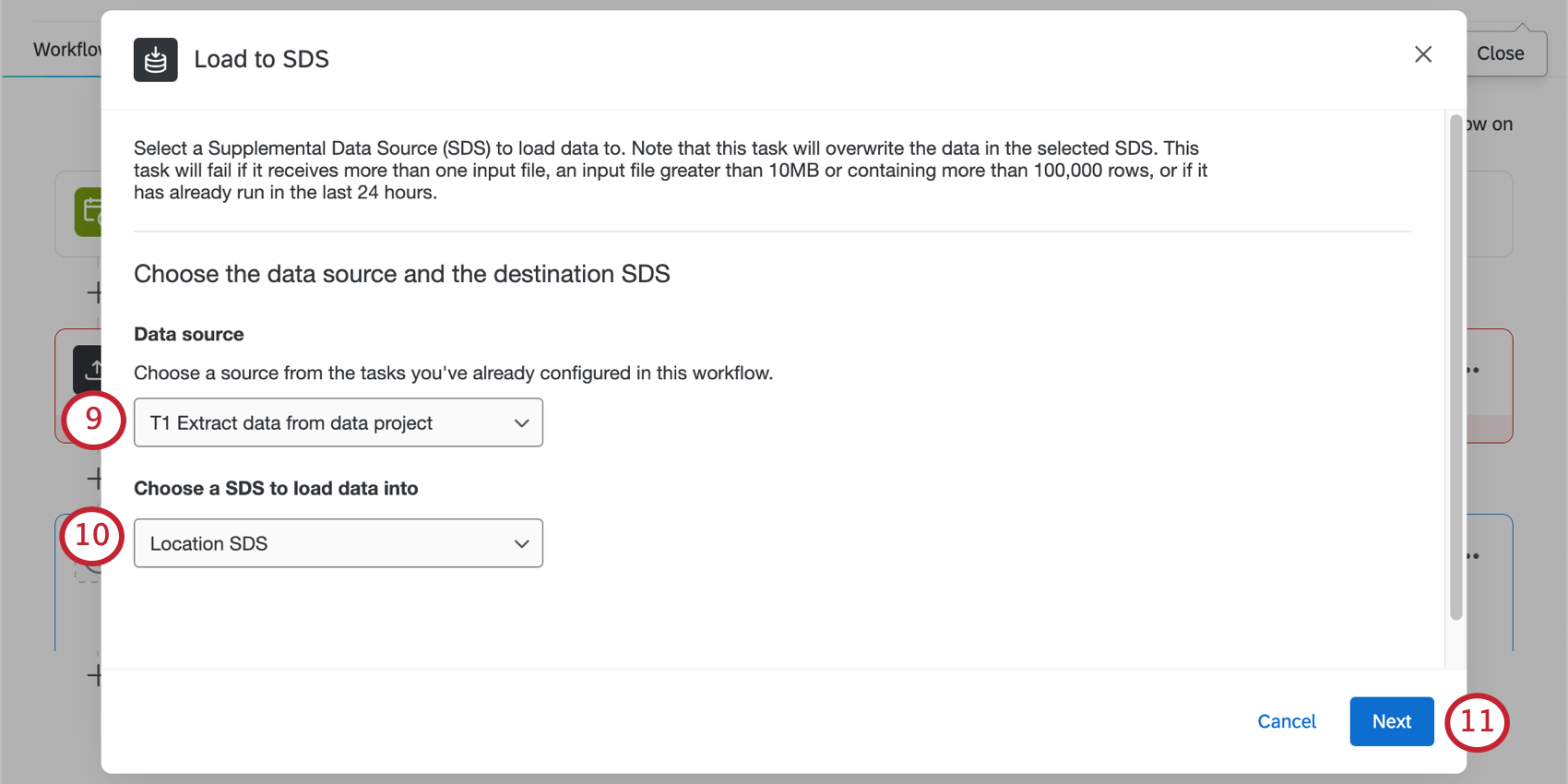 Connecting to the extraction task and the location data SDS
