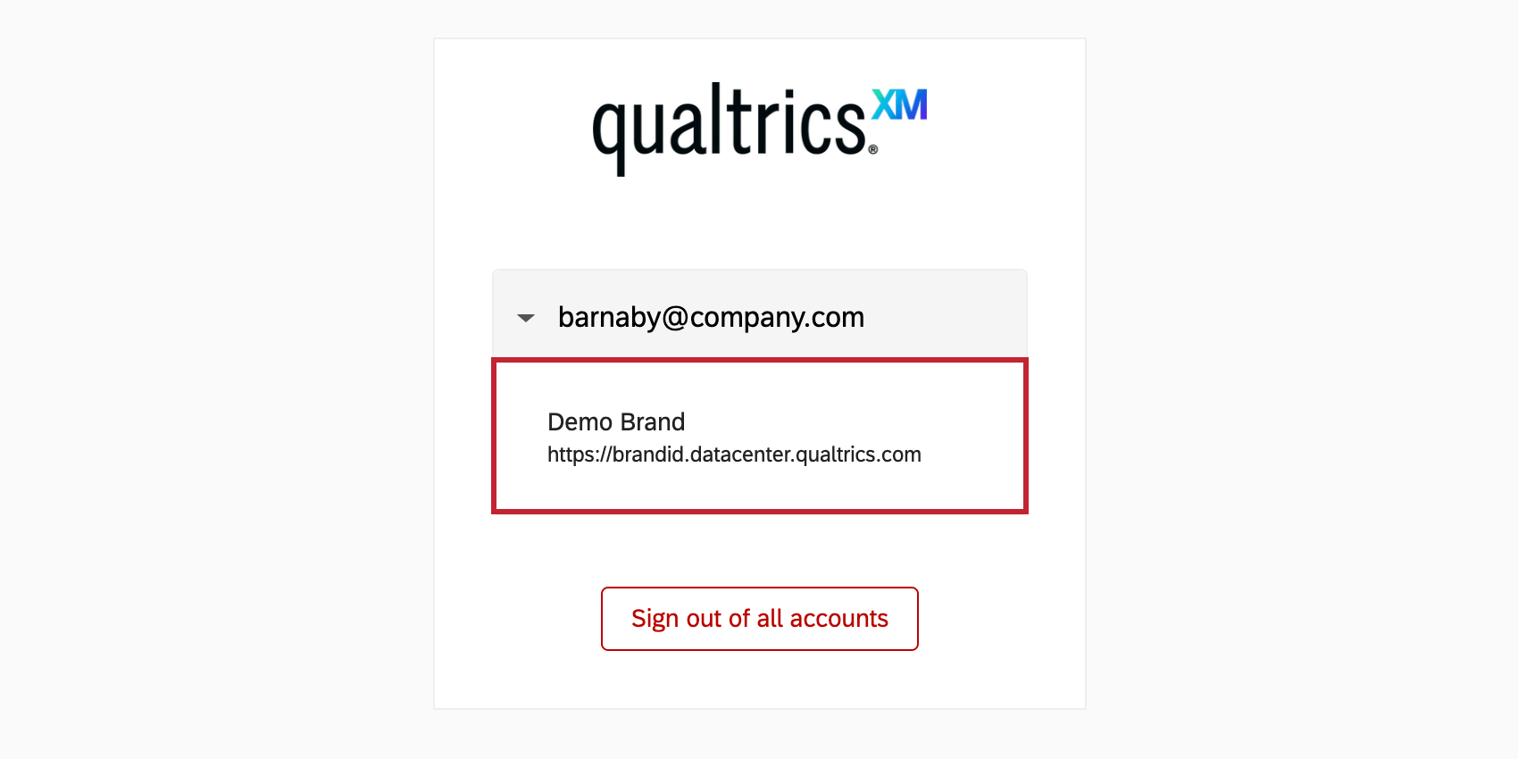 Window showing just a qualtrics account and the brand info