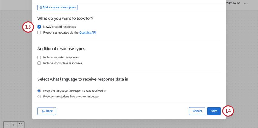 new window where you configure survey response event