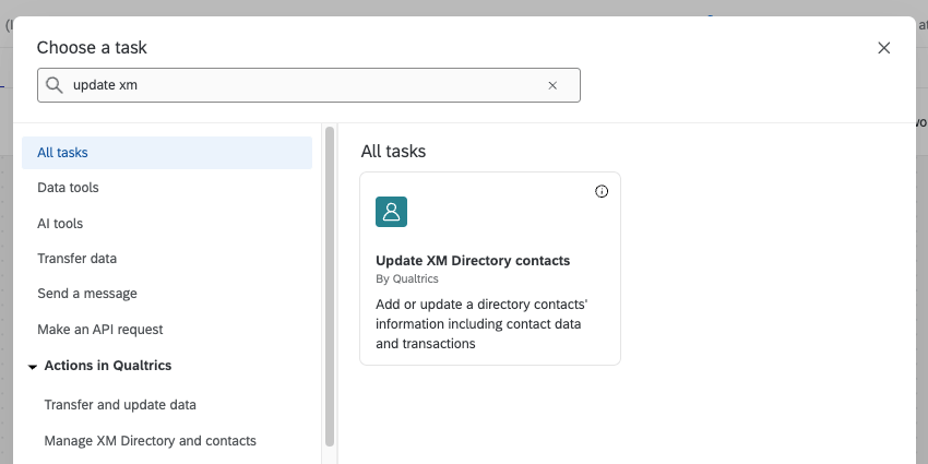 new window where you can search tasks. update xm directory task is highlighted