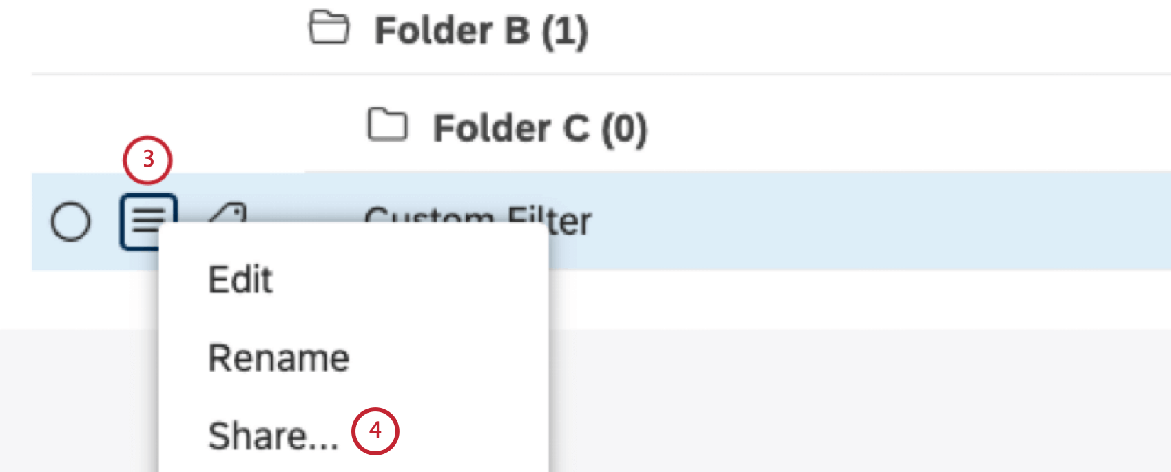 Click the name of the filter or expand the actions menu next to it. Select Edit.