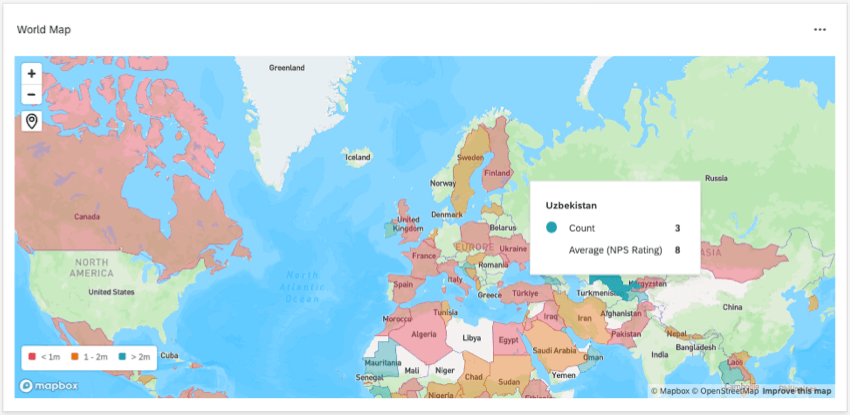 a dashboard widget that shows a world map. different regions have different colors matching a legend at its bottom