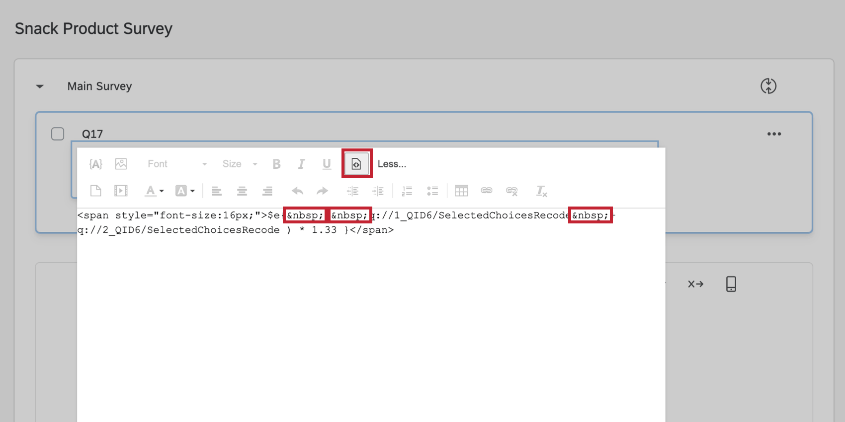Source view in the rich content editor showing the extra &nbsp; in the code