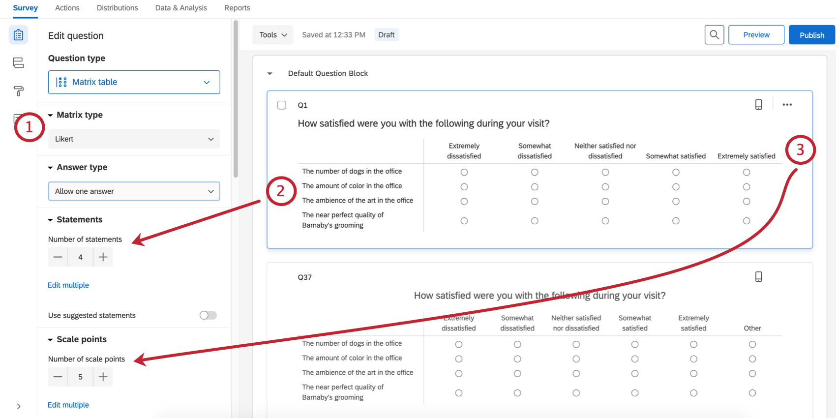 Question editing pane options