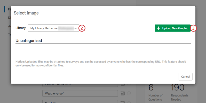 New window opens over the page. Left dropdown with libraries. Right green button for adding images