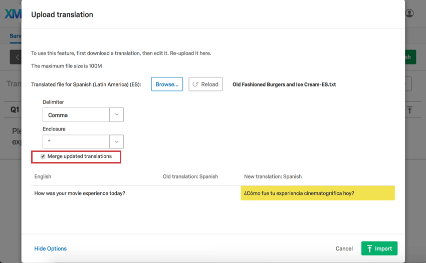 Merge translations option appears above translation preview and is a small checkbox