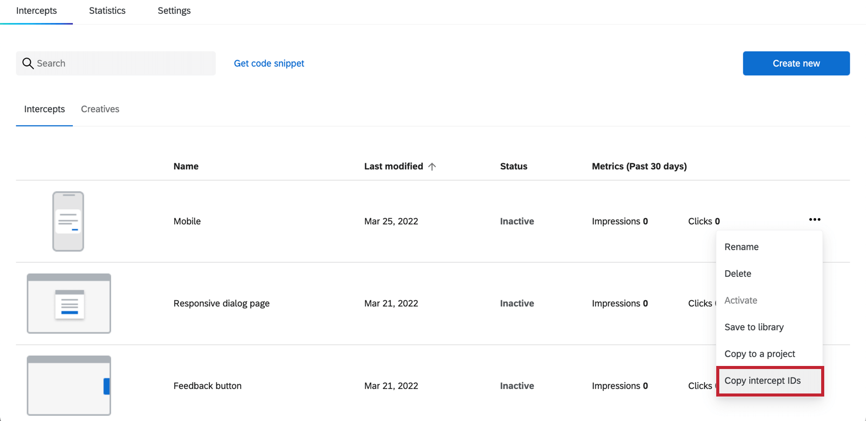 Intercepts tab where the dropdown menu on an intercept is expanded