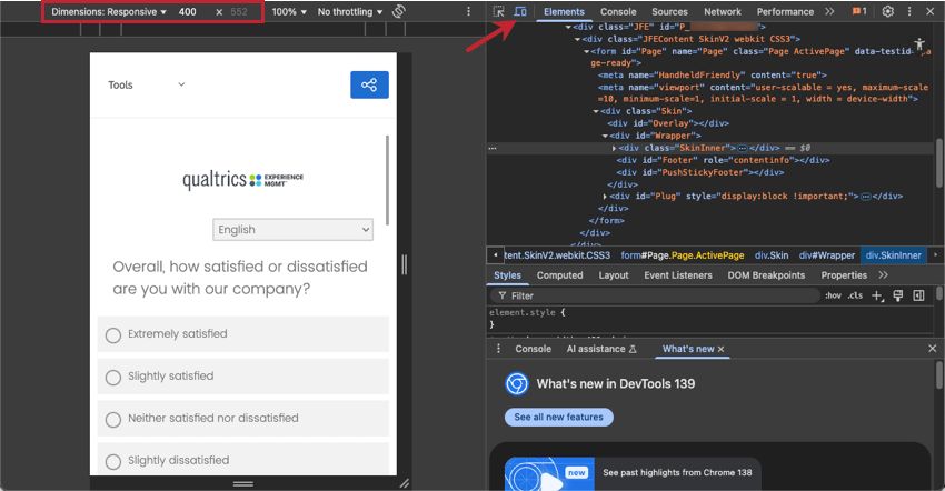 the inspect window in google chrome. the desktop and mobile icon is highlighted, as are the dimension controls