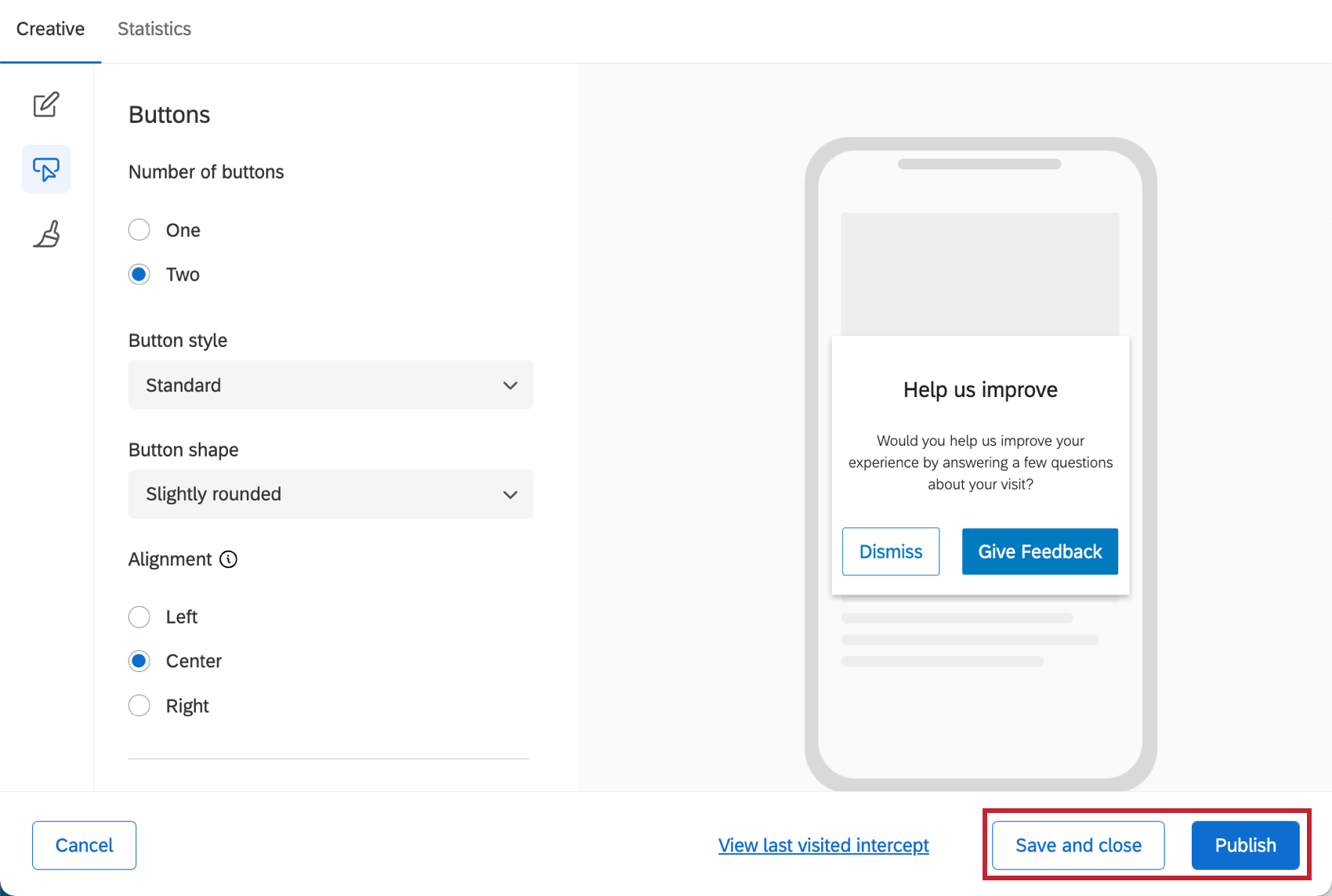 Save Changes and Publish Creative button in bottom-right